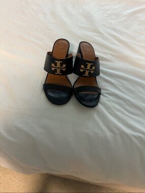 Tory Burch Black Leather Slide Mules with Gold Logo Medallion